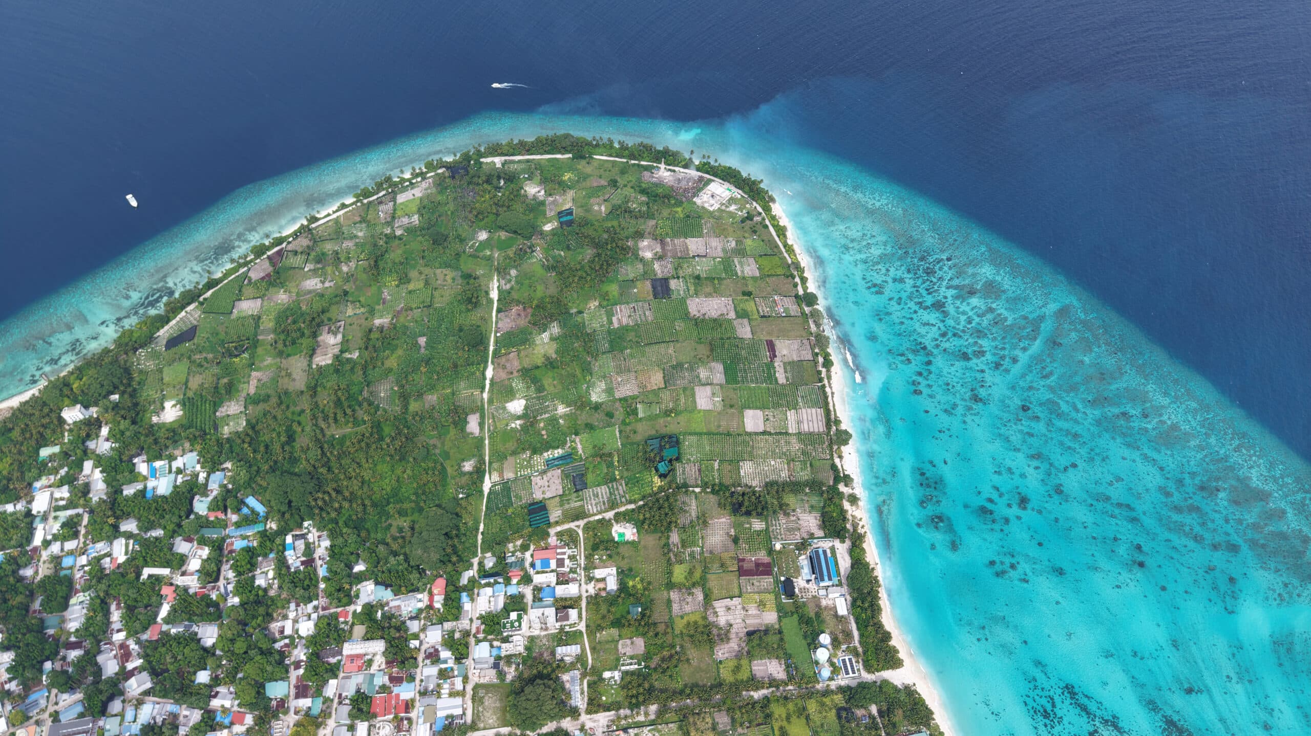 Aerial view across the islands and reef of Addu Atoll