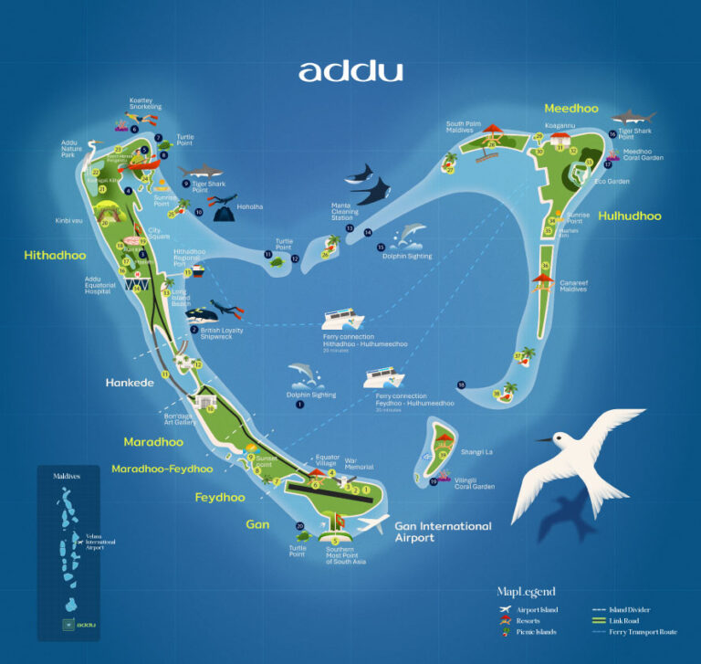 Illustrated map of Addu Atoll showing connected islands, Gan International Airport, ferry routes, and activity points