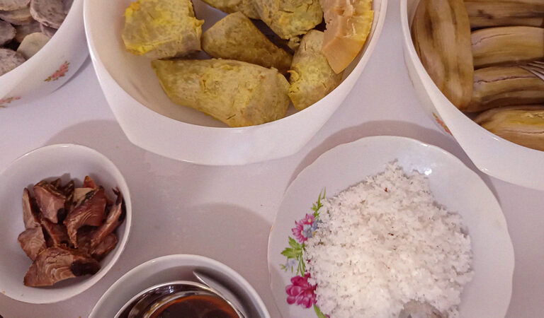 Traditional Maldivian rice and side dishes served in Addu Atoll